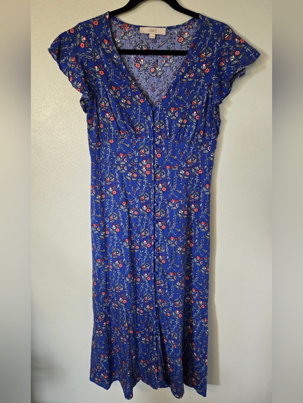 Loft | Blue Floral Ruffle Cap Sleeve Maxi Dress Size 2